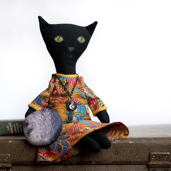 Black cat with moon, fantasy fabric doll. OOAK cosmic cat with yellow eyes. Primitive. Stuffed toy.