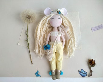 Blonde bear girl Artist doll - Textile toy - Fabric clothing stuffing toy