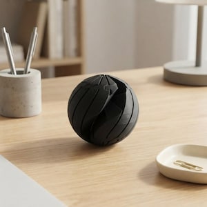 Peut inclure: Un objet puzzle sphérique noir mat composé d'une série de segments incurvés imbriqués et de rainures profondes. La surface présente une finition texturée avec des motifs géométriques qui enveloppent la sphère, créant un aspect segmenté complexe.