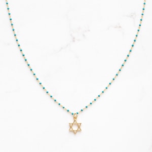 Gold Star of David Pendant on Turquoise Beaded Chain – Dainty Jewish Necklace, Minimal Judaica Jewelry