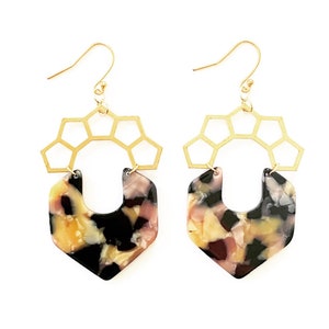 Tortoise Shell Acetate Crown Dangle Earrings - Acrylic Earrings - Resin Statement Earrings
