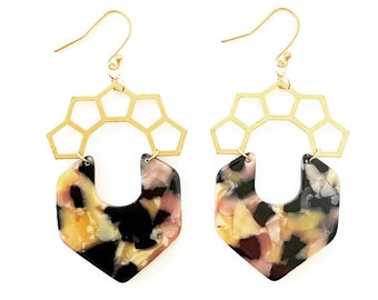 Tortoise Shell Acetate Crown Dangle Earrings - Acrylic Earrings - Resin Statement Earrings