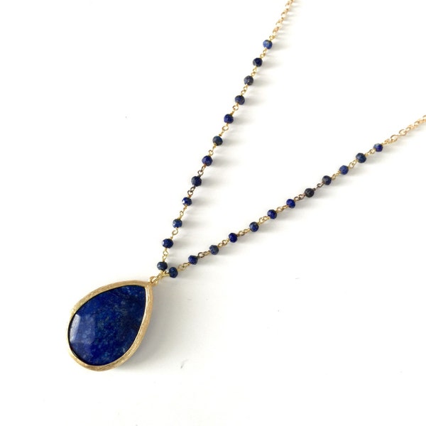 Long Lapis Drop Necklace // Beaded Rosary Chain //  Long Bohemian Necklace