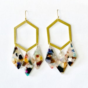 Tortoise Shell Acetate Hexagon Dangle Earrings - Acrylic Earrings - Brass Geometric Statement Earrings