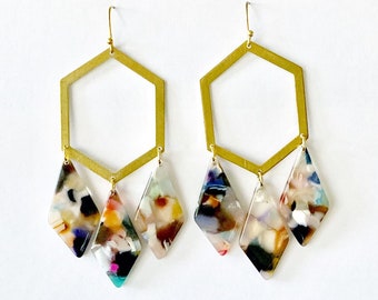 Tortoise Shell Acetate Hexagon Dangle Earrings - Acrylic Earrings - Brass Geometric Statement Earrings