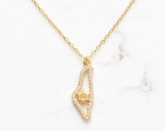Tiny Crystal Israel Star of David Necklace Vermeil Gold