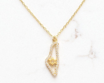Gold Israel Map Necklace with Star of David – Dainty Jewish Pendant, Israel Jewelry, Jewish Pride Gift