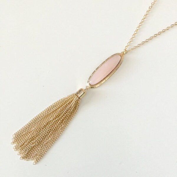 Long Pink Oval Tassel Necklace