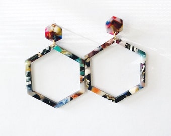 Hexagon Acetate Dangle Earrings - Acrylic Post Geometric Statement Earrings