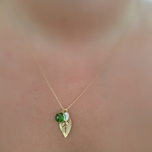 Custom Initial Necklace Tiny White Enamel and Gold Initial with Mini Birthstone Charm and Feather / Leaf Charm