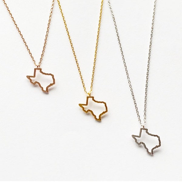 State of Texas Outline Necklace on Dainty Gold Silver or Rose Gold Chain