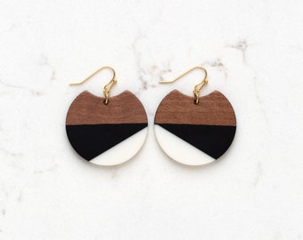 Black, White and Wood Color Block Acrylic Earrings