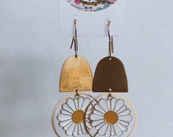 Brass and Daisy Hippie Boho Dangle Earrings