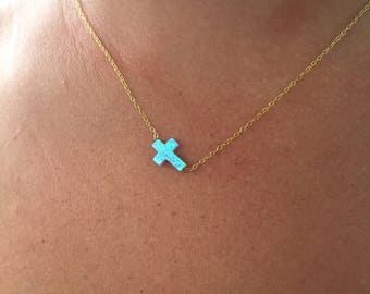 SALE! Opal Cross Necklace - Sideways Horizontal or Vertical on Sterling or 14k gold Filled Chain
