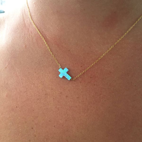 SALE! Opal Cross Necklace - Sideways Horizontal on Sterling or 14k gold Filled Chain