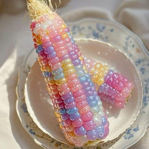 May include: Two decorative corn cobs crafted from translucent, iridescent beads in shades of pink, yellow, blue, and purple. Each bead has a glossy, reflective finish that catches the light, and the top of the main cob features light tan silk fibers.