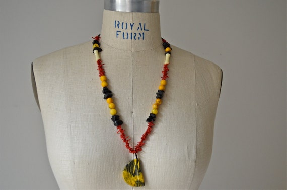 Ooak Yellow Black Stone Drop Necklace With Coral Black Etsy