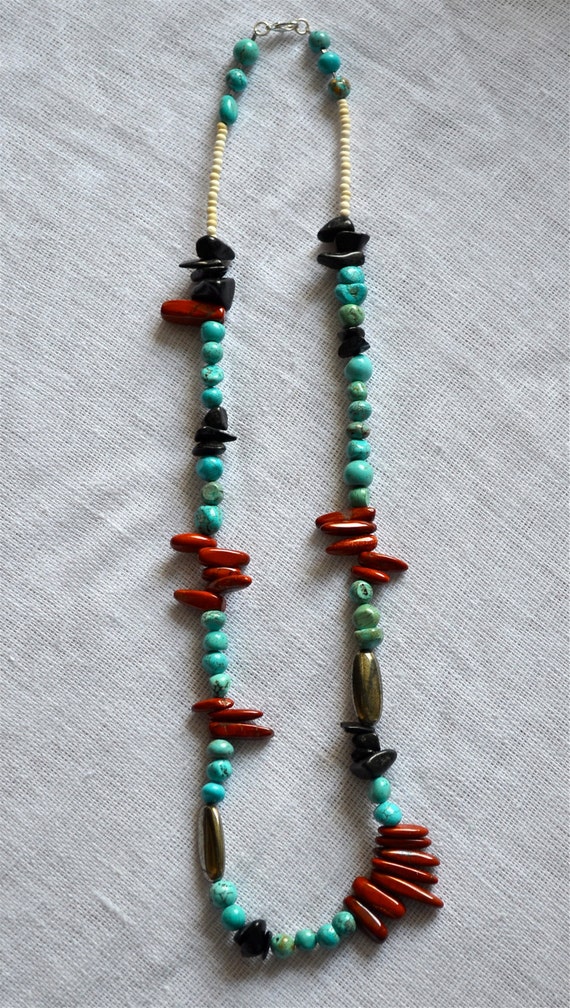 Bold Red Jasper, Turquoise Magnesite, Black Stone, Silver Pyrite, and White Coconut Heishi Beaded Necklace