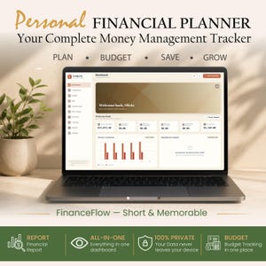 May include: A laptop displaying the Ledgerly personal financial planner dashboard with text reading Personal Financial Planner, Your Complete Money Management Tracker, Plan, Budget, Save, Grow, FinanceFlow, and feature icons for reports, all-in-one, private, and budget.