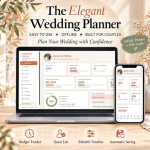 Puede incluir: Un planificador de bodas digital mostrado en una pantalla de portátil y smartphone. La interfaz muestra un centro de mando con rastreadores de presupuesto, invitados y tareas. El texto incluye The Elegant Wedding Planner, Easy to Use, Offline, Built for Couples y Plan Your Wedding with Confidence. Los iconos representan un rastreador de presupuesto, lista de invitados, cronograma editable y guardado automático.