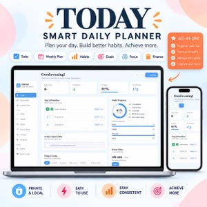 Daily Planner | Digital Productivity Planner | weekly Schedule & Task Planner | Focus and Time Blocking | HTML Offline Web App Planner