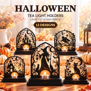 May include: A collection of five black laser-cut tea light holders featuring Halloween themes including a witch, a cat, a ghost, a haunted house, and a headless horseman. Each arched wooden piece sits on a base and holds a small lit candle.