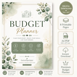 May include: A digital budget planner template featuring watercolour eucalyptus leaves, gold accents, and the text BUDGET Planner. Includes sections to plan, track, save, and achieve goals. The document is A4 size, measuring 210 x 297 mm, with 8 printable pages.