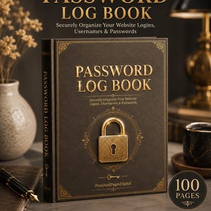 Könnte beinhalten: Ein dunkelbraunes Passwort-Logbuch mit festem Einband, goldenem Prägedruck PASSWORD LOG BOOK und einer goldenen Vorhängeschloss-Grafik auf dem Cover. Der Buchrücken zeigt ebenfalls den Titel und ein Schlüsselsymbol. Das Cover enthält den Text Securely Organize Your Website Logins, Usernames & Passwords, PixelAndPagesDigital und 100 PAGES.