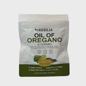 May include: A white pouch of Resilia Oil of Oregano 6,000mg with black seed oil dietary supplement. The packaging features green text, a graphic of oregano leaves and golden softgel capsules, and lists 60 softgels as the total quantity.