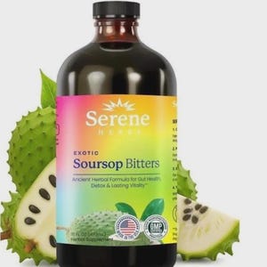 May include: A 16 fl oz bottle of Serene Herbs Exotic Soursop Bitters with a black cap. The label features a rainbow gradient background, text reading "Ancient Herbal Formula for Gut Health, Detox & Lasting Vitality," and soursop fruit imagery.