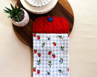Red Strawberry Hanging Kitchen Towel | Handmade Button Dish Towel | Fall Farmhouse Kitchen Decor | Housewarming Gift