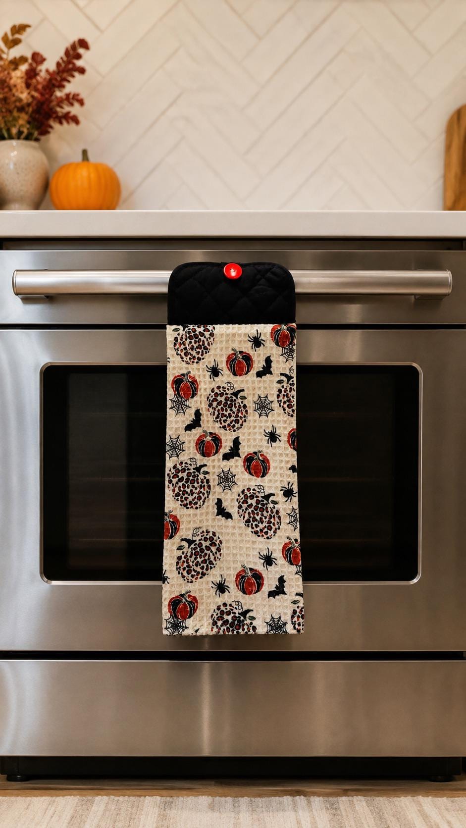 Halloween Hanging Kitchen Towel, Pumpkin Bat Spider Dish Towel, Button Top Oven Door Decor, Spooky Kitchen Gift