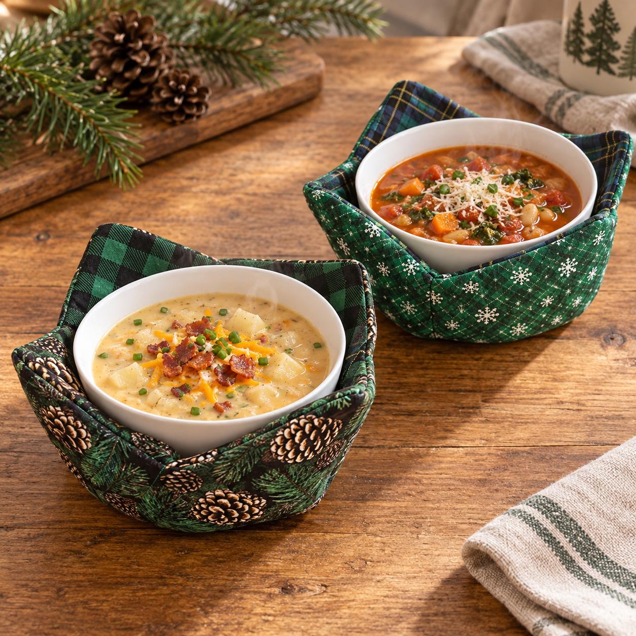 Christmas Bowl Cozy – Reversible Soup Bowl Holder – Pinecones or Green Snowflakes – Handmade Woodland Kitchen Gift - Single or Set