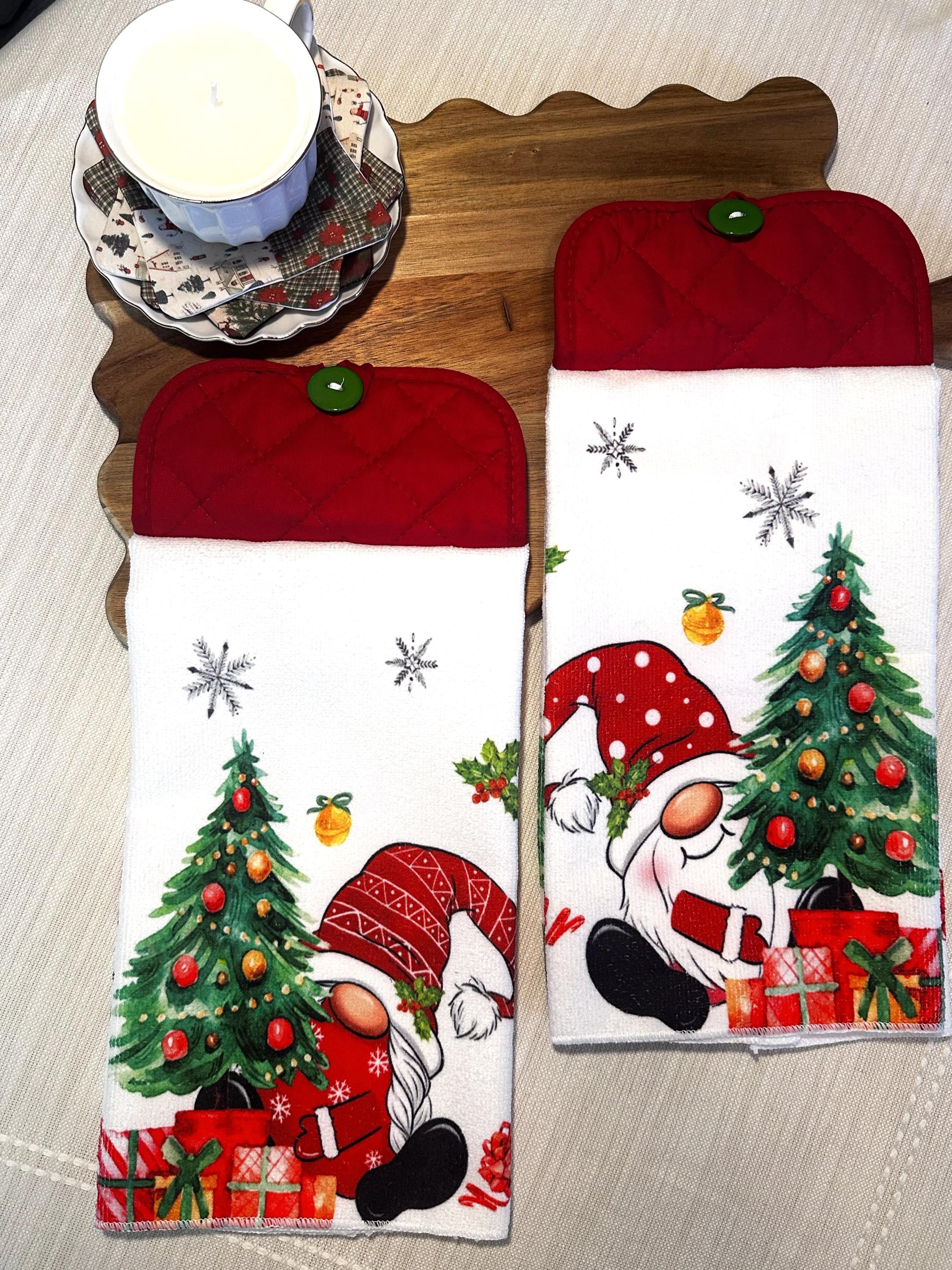 Christmas Gnome Hanging Kitchen Towels, Santa Gnome Oven Towels, Handmade Holiday Kitchen Décor, Christmas Gift Set - Single or Set