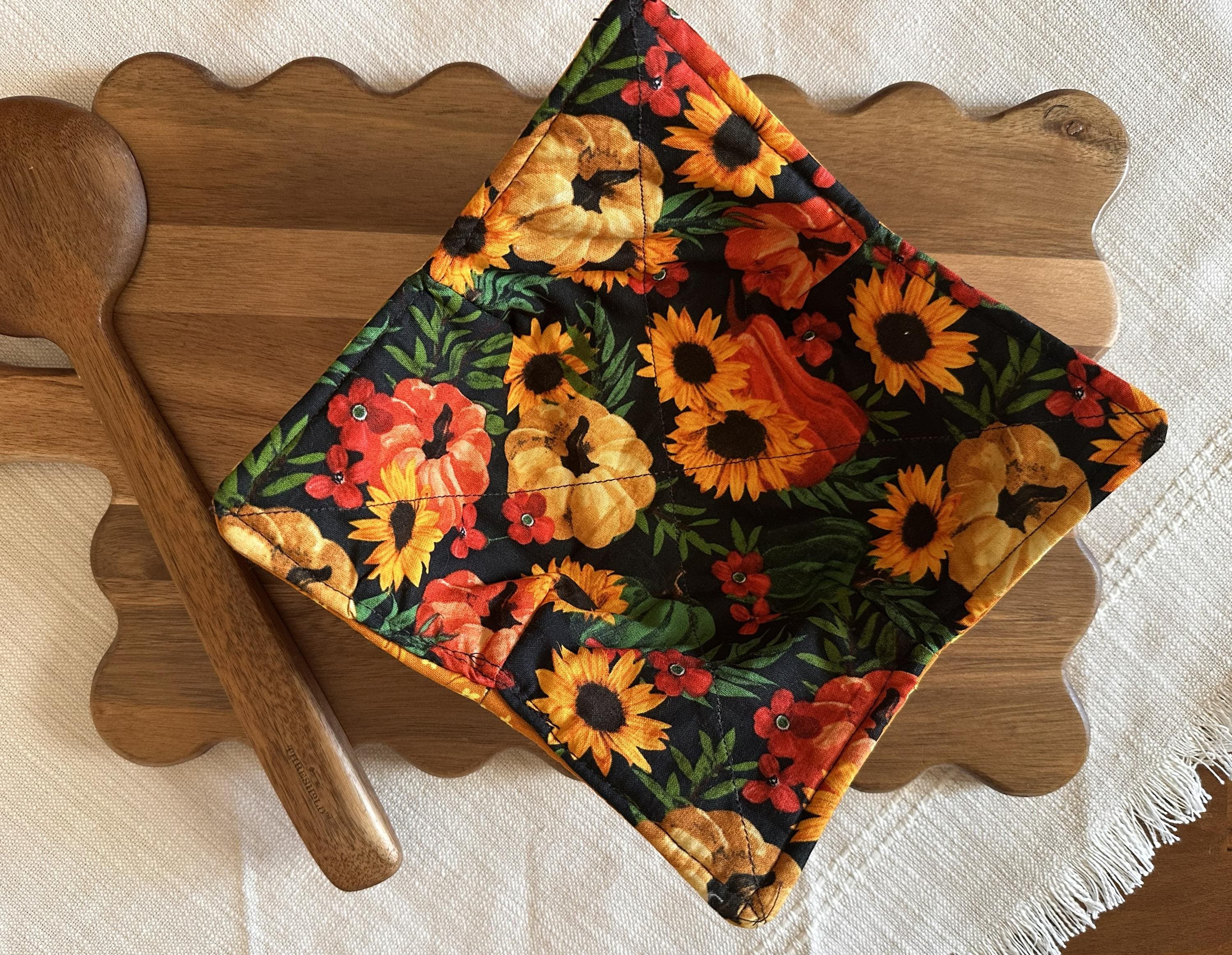 Reversible Pumpkin Microwave Bowl Cozy, Sunflower Fall Bowl Holder, Orange Cotton Soup Cozy, Thanksgiving Kitchen Gift