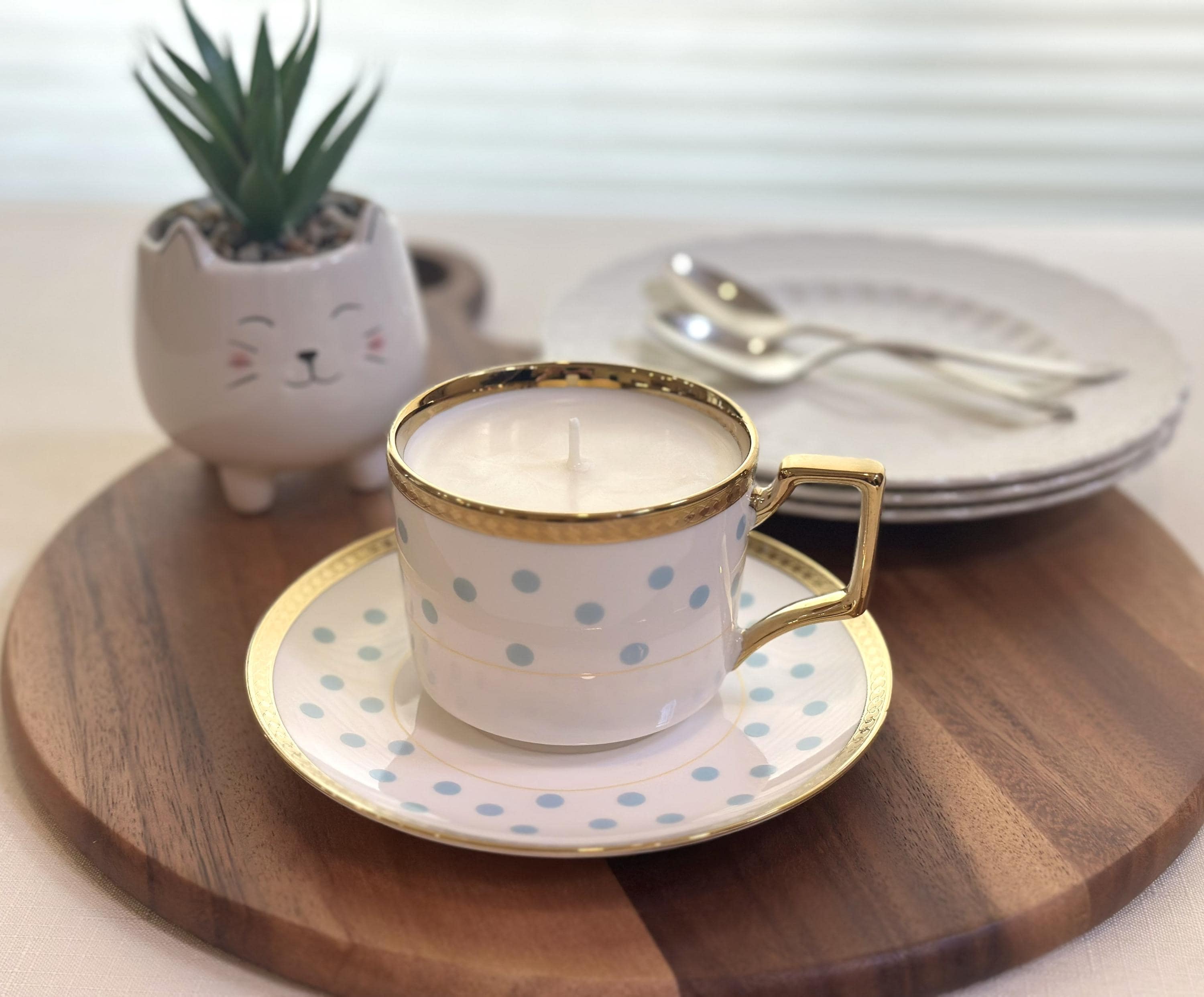 Blue Polka Dot Teacup Soy Candle | Cactus Bloom or Cozy Vanilla | Hand-Poured Candle with Gold Trim and Matching Saucer | Tea Lover Gift