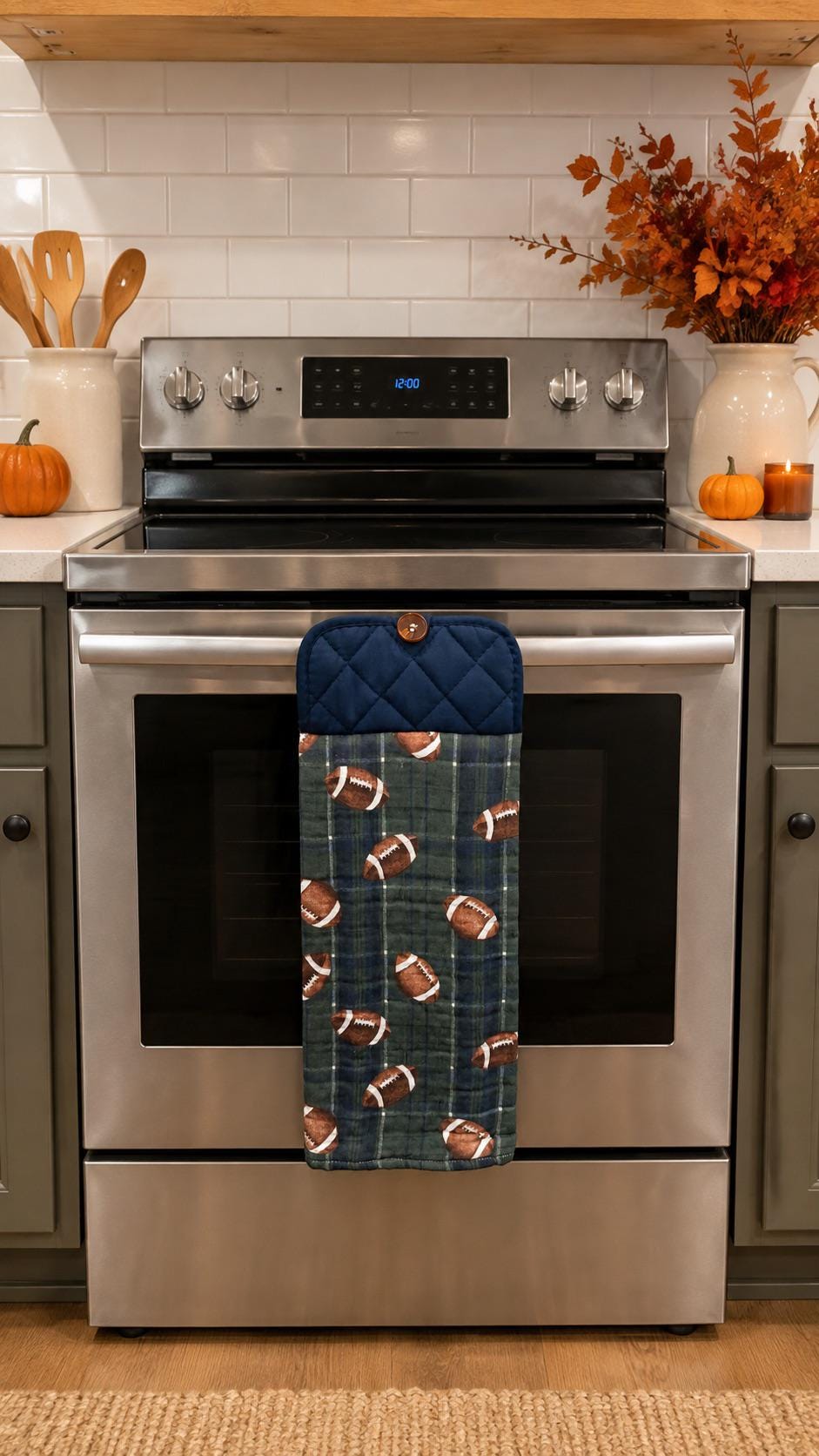 Football Plaid Hanging Kitchen Towel – Navy Green Game Day Decor, Button Top