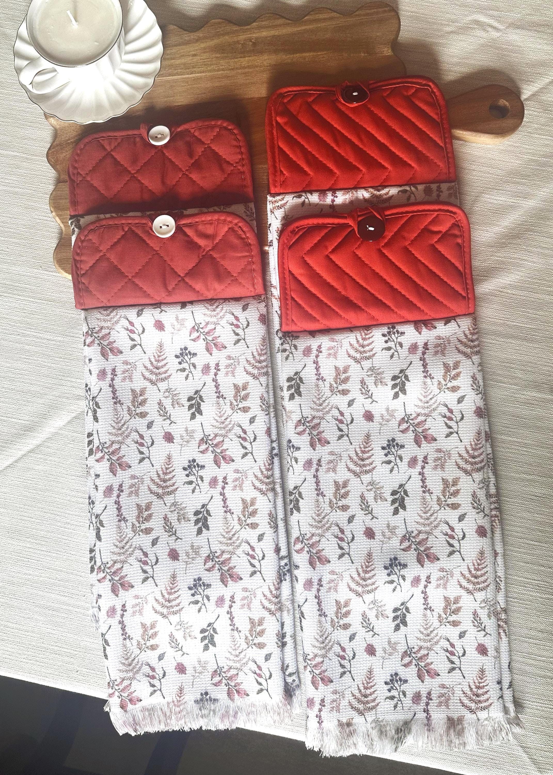 Fall Botanical Hanging Kitchen Towel – Autumn Leaves and Berries – Handmade Rust or Orange Button Top Towel –Hostess Gift -Thanksgiving