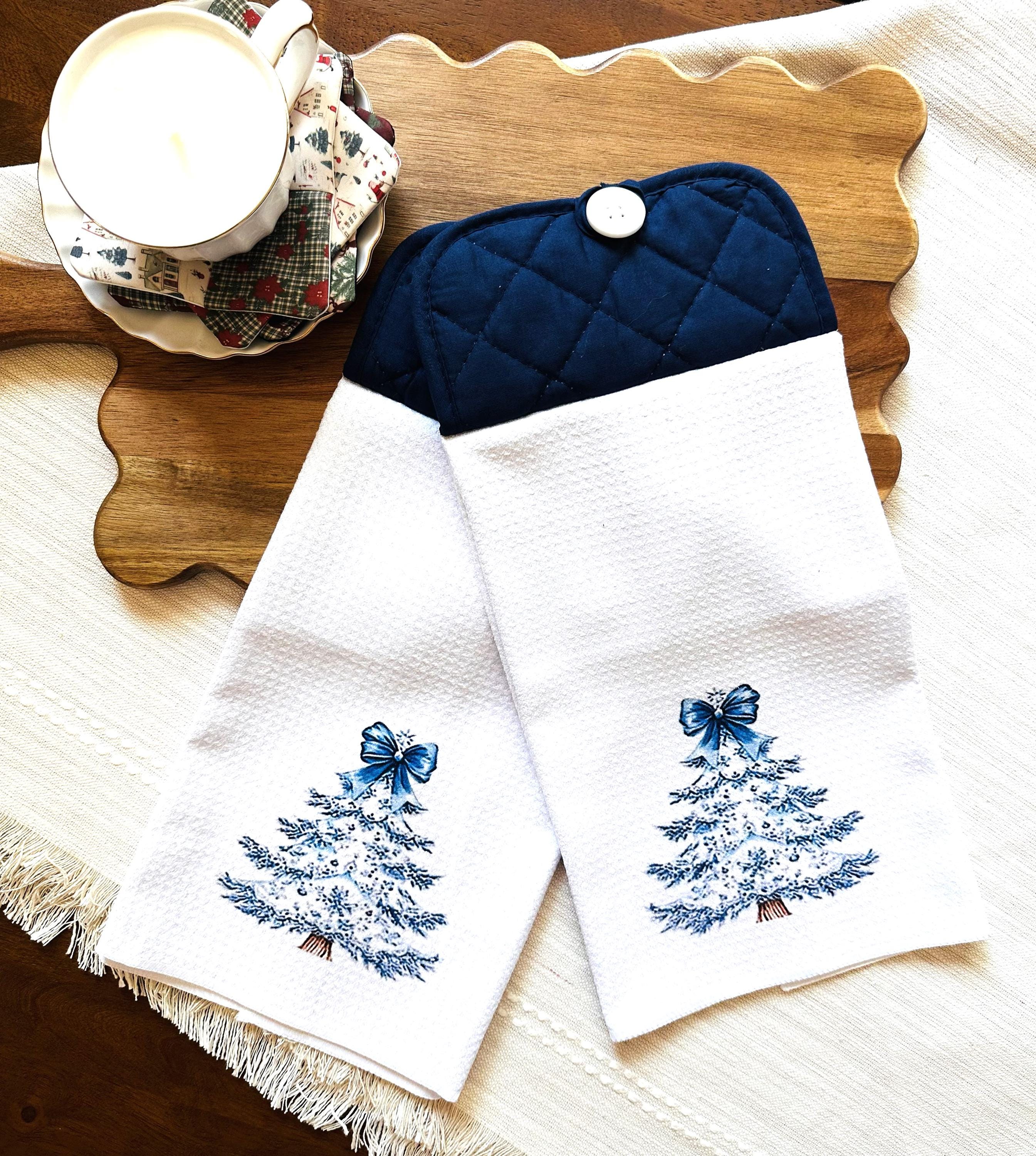 Blue Christmas Tree Hanging Kitchen Towel, Navy and White Oven Towel, Handmade Holiday Kitchen Décor, Button Top Dish Towel - Single or Set