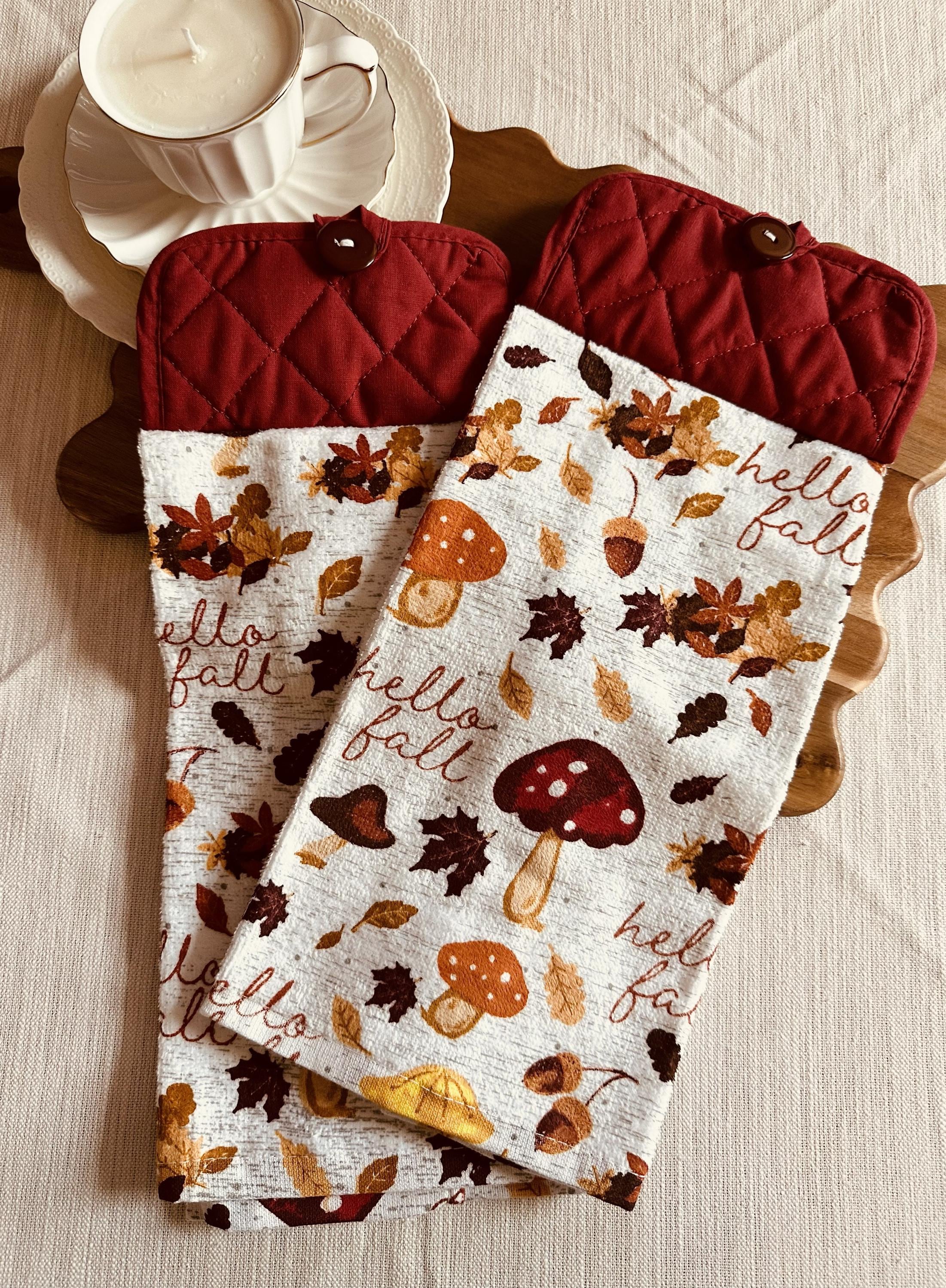 Hello Fall Hanging Kitchen Towel – Mushroom Acorn and Leaf Autumn Towel – Single or Set of 2 – Fall Hostess Gift