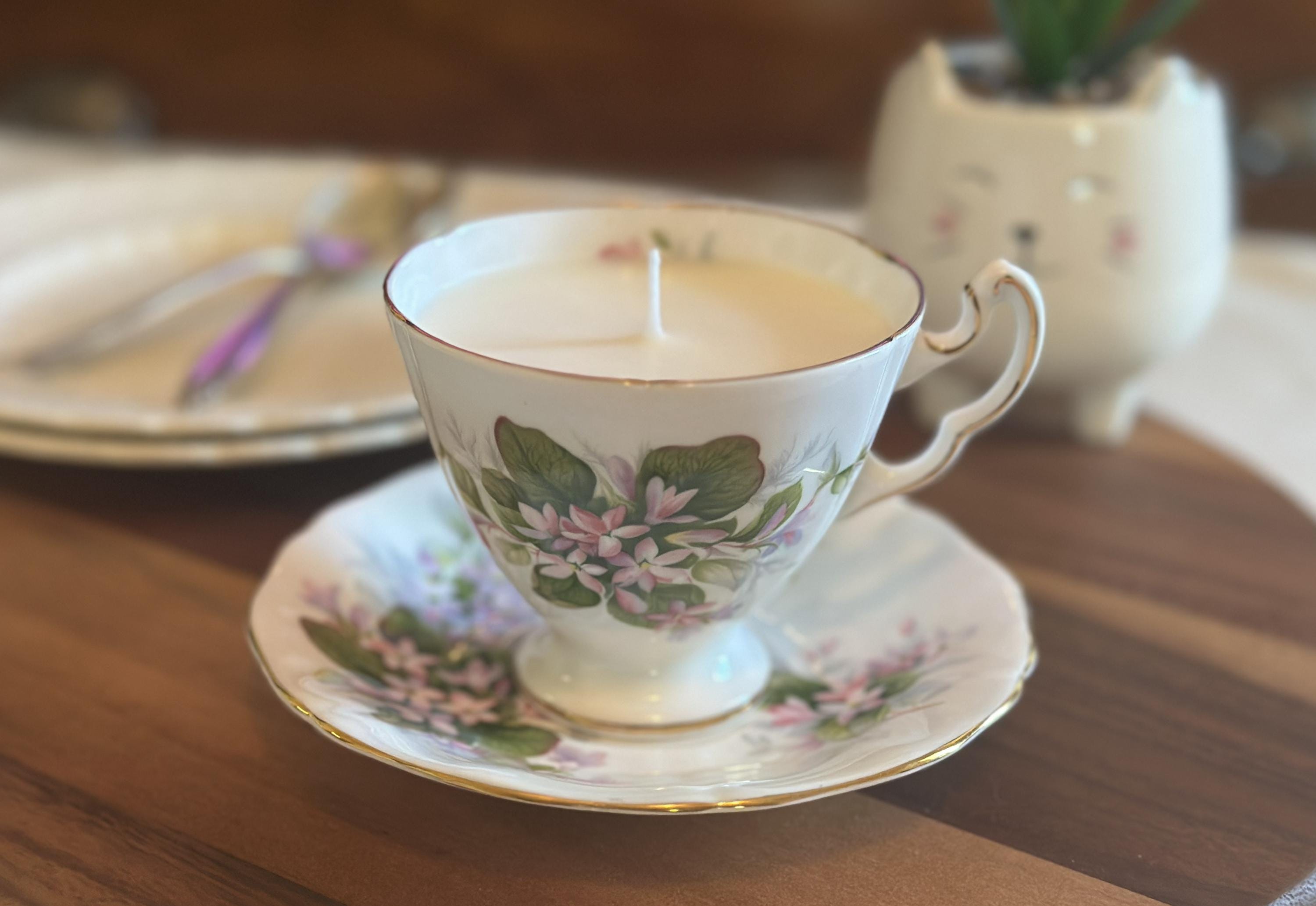 Vintage Royal Adderley Mayflower Teacup Soy Candle | Lavender Lemon | English Bone China with Matching Saucer | Unique Gift