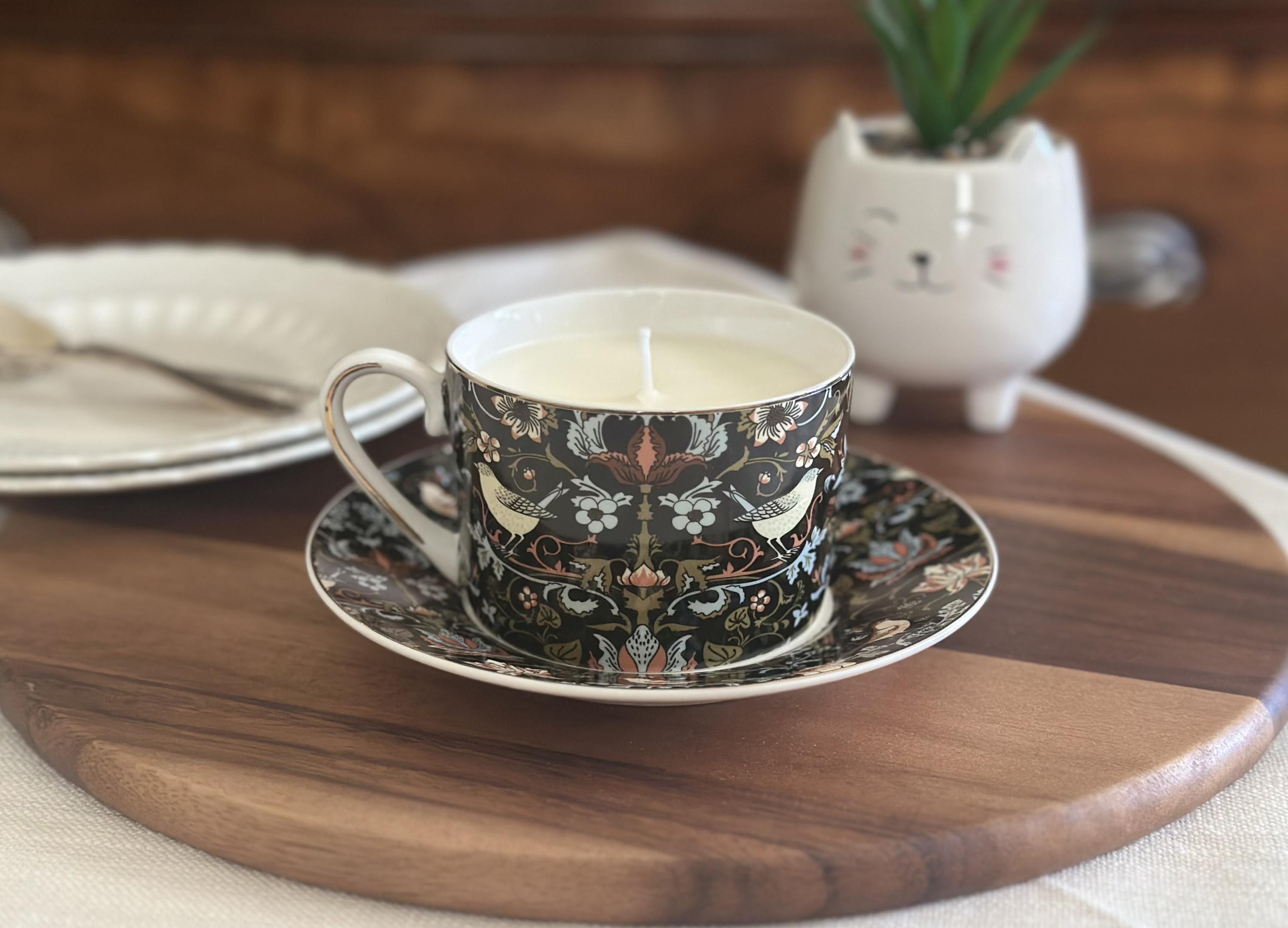 Midnight Garden Teacup Soy Candle | Cozy Vanilla or Teakwood | Black Floral Bird Candle with Matching Saucer | Grace Teaware| Tea Lover Gift