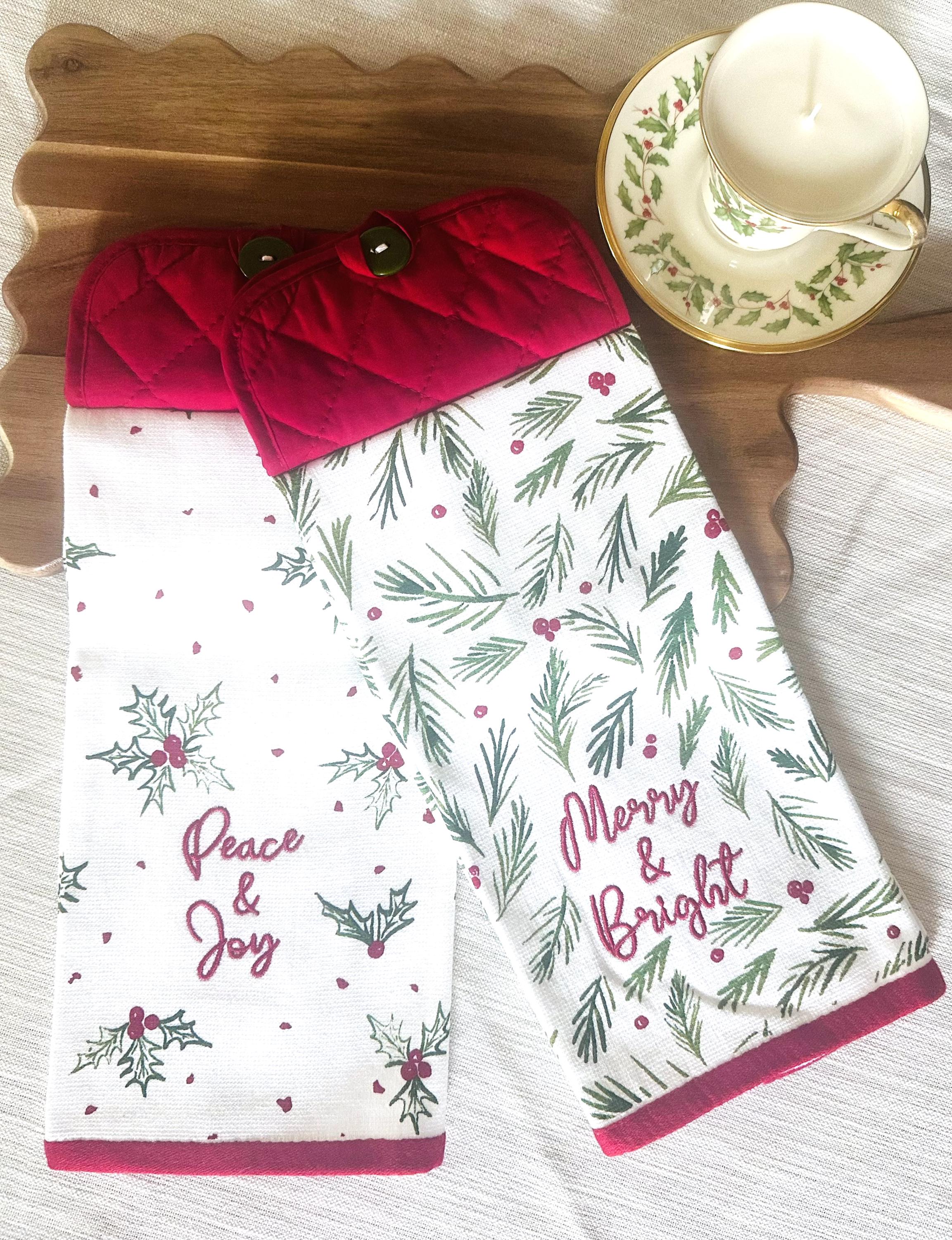 Lenox Christmas Hanging Kitchen Towel – Merry and Bright, Peace and Joy, Plaid or Stripe – Single or Coordinating Set
