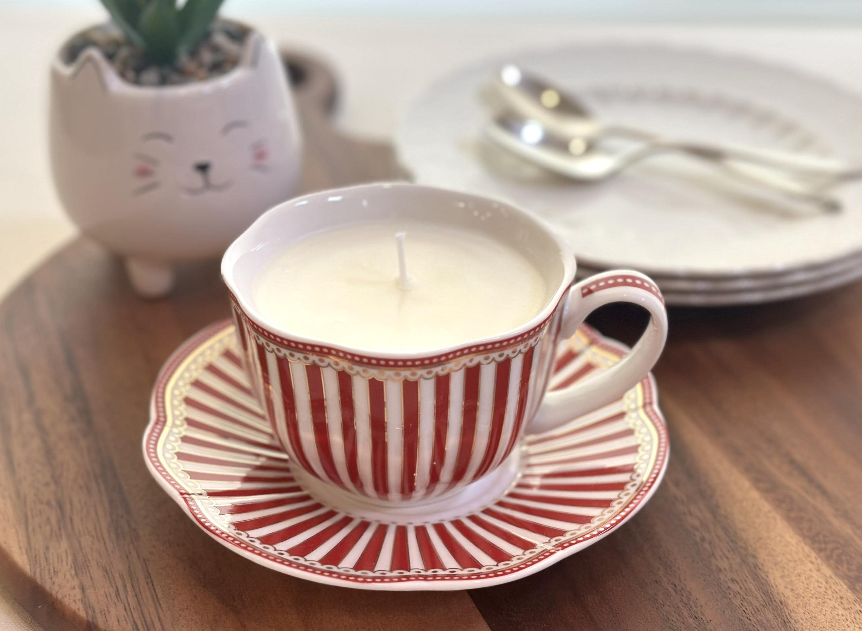 Grace Teaware Red Striped Josephine Teacup Soy Candle | Teakwood Scent | Hand-Poured Upcycled Candle with Matching Saucer | Unique Gift