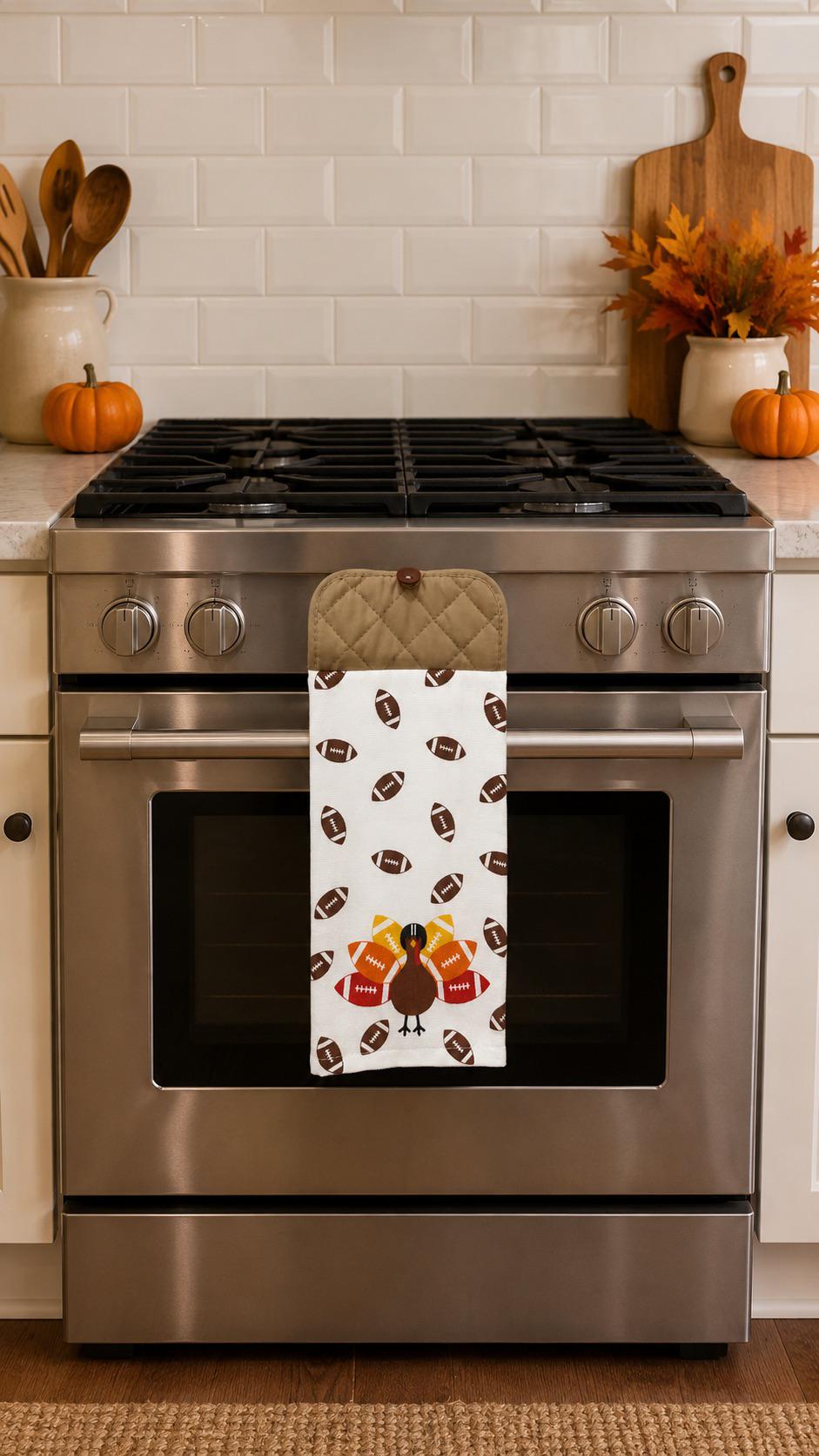 Thanksgiving Football Turkey Kitchen Towel – Game Day Decor, Button Top Hanging Towel
