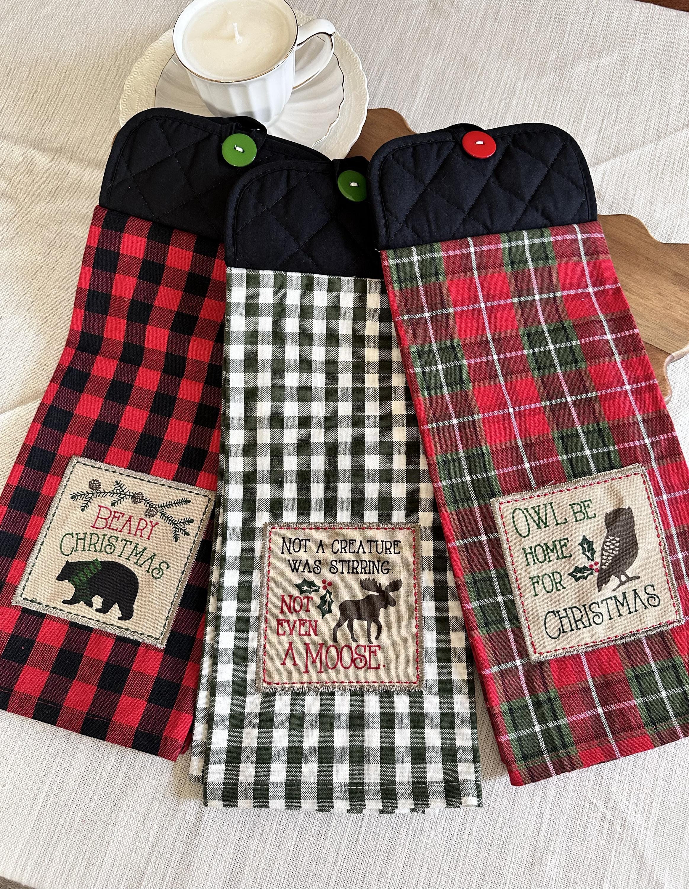 Christmas Hanging Kitchen Towel – Bear, Moose or Owl Holiday Towel – Buffalo Plaid Woodland Kitchen Decor – Hostess Gift - Single or Set
