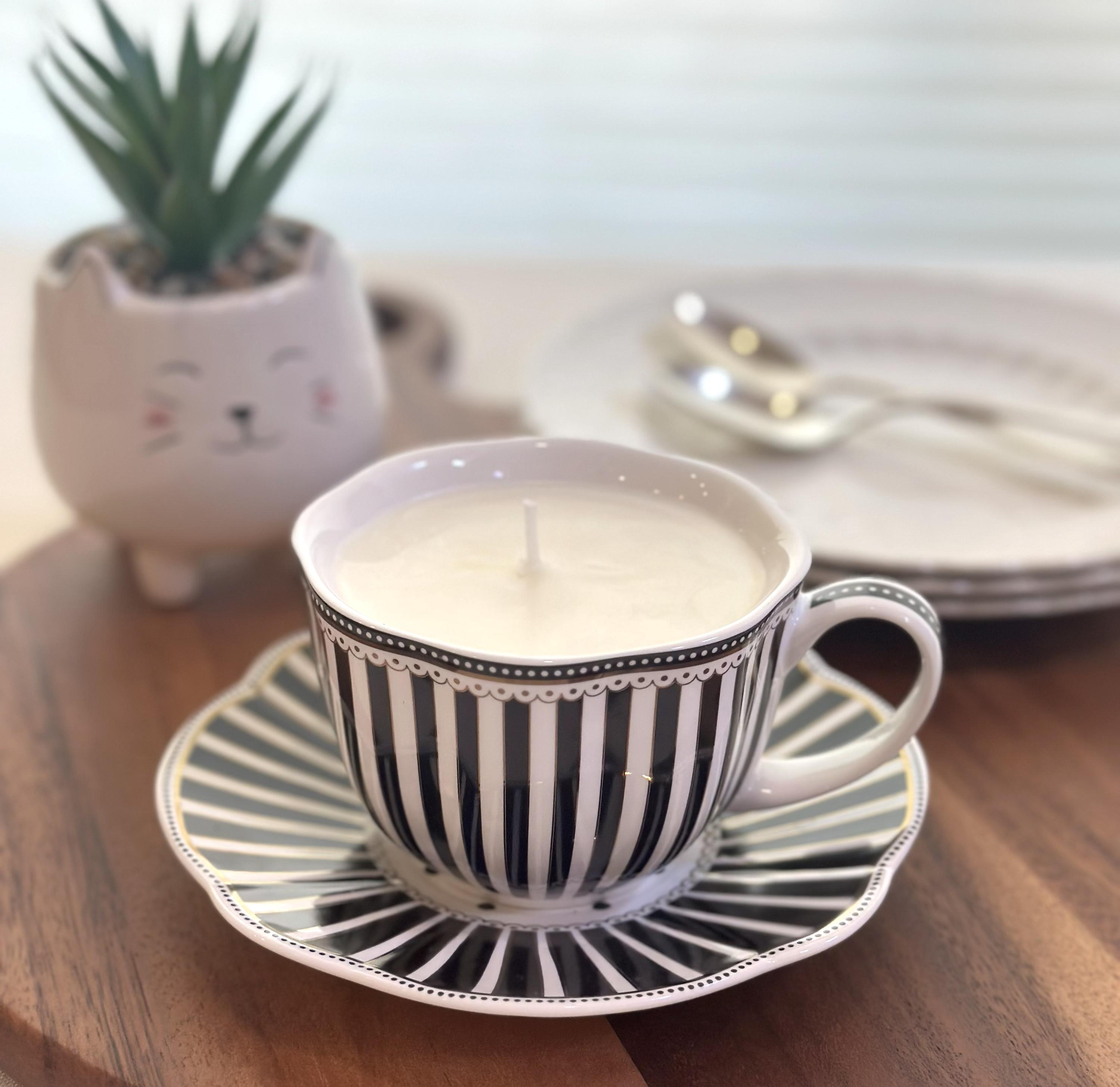 Black Josephine Striped Teacup Soy Candle | Rustic Rose | Grace Teaware Porcelain with Matching Saucer | Unique Gift