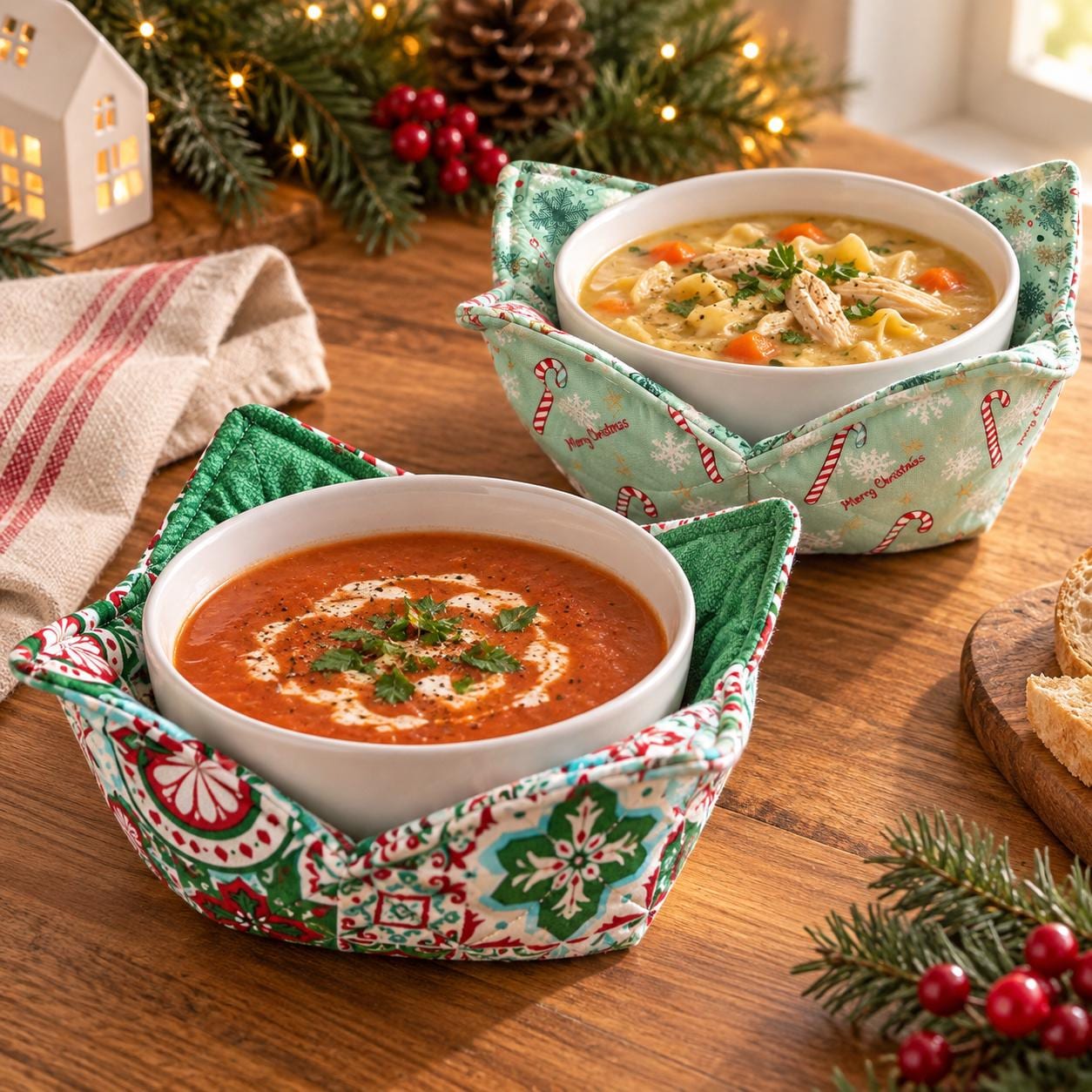 Christmas Bowl Cozy – Reversible Soup Bowl Holder – Candy Canes or Holiday Pattern – Handmade Christmas Kitchen Gift - Single or Set