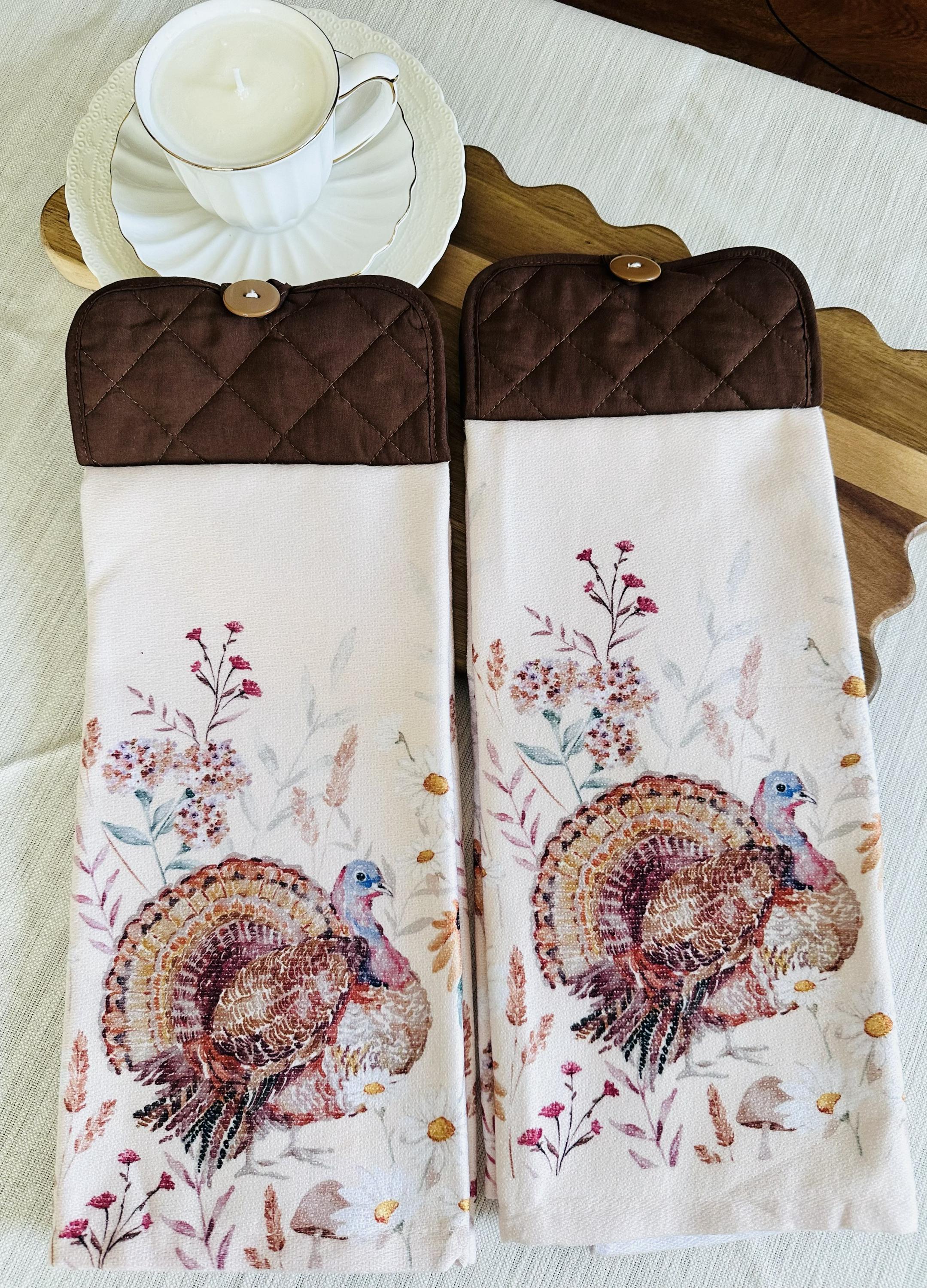 Thanksgiving Hanging Kitchen Towels – Watercolor Turkey Towels – Fall Oven Handle Towels – Hostess Gift - Single or Matching Set