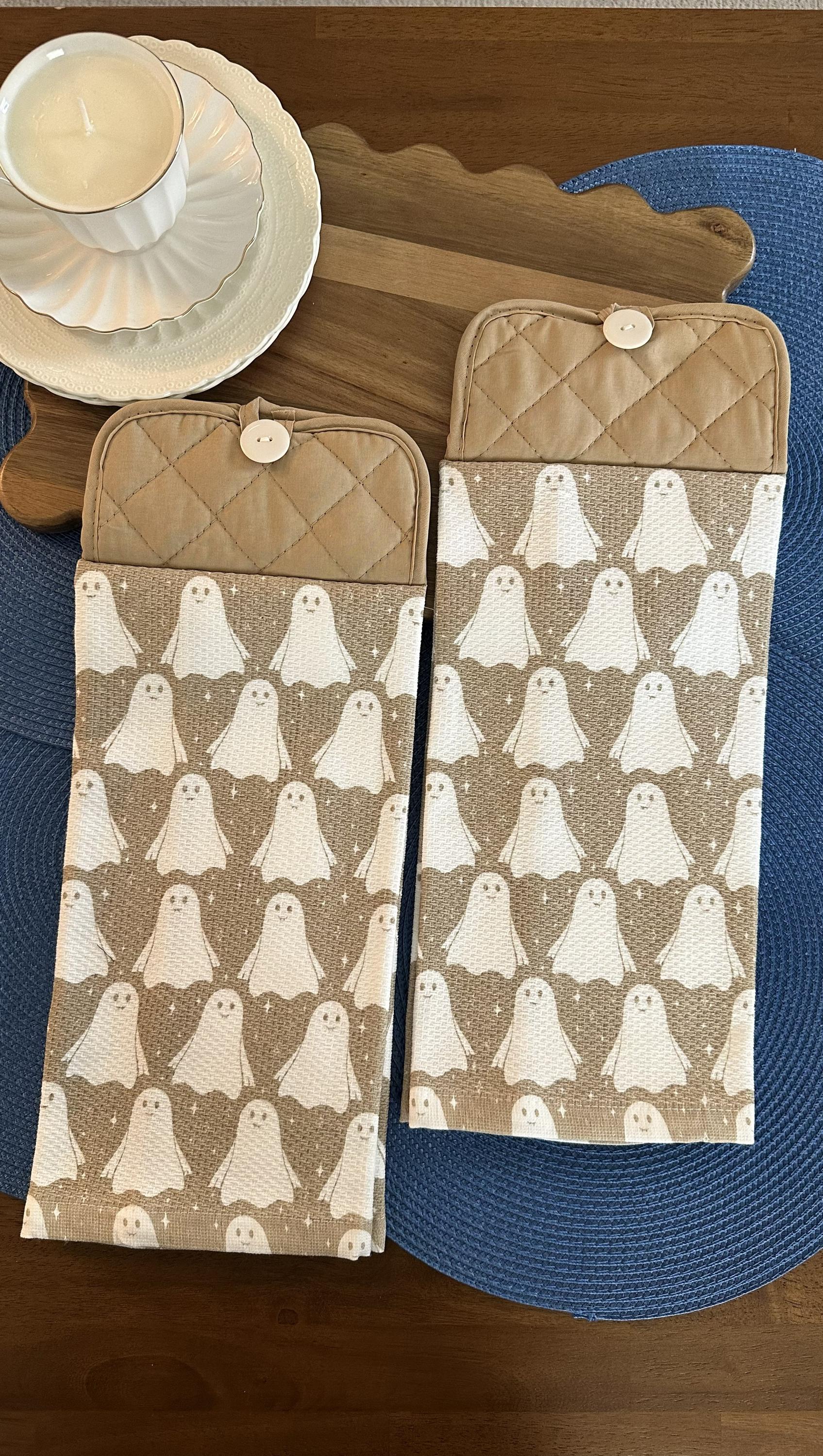 Neutral Ghost Hanging Kitchen Towel – Cute Halloween Kitchen Decor – Khaki Button Top Towel – Single or Set
